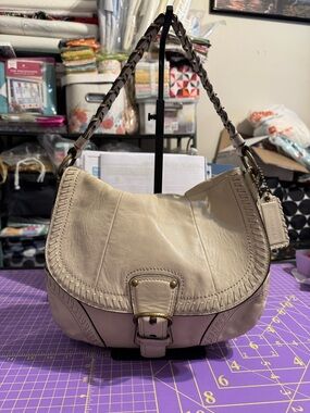 Coach Poppy Cream Leather Whipstitch Braided-Handle Flap Hobo Shoulder Bag